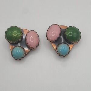 Vintage Matisse Earrings Faux Stone Scarab Copper Signed